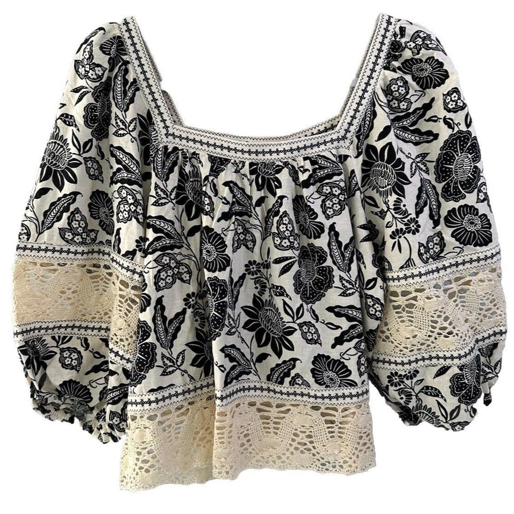 Christian Siriano Top Womans Small Boho Crochet Lace Floral  Linen Puff Sleeves